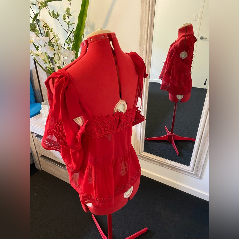 Size 16 Asos Red Lace Tie Shoulder Boho Top - Picture 6 of 10